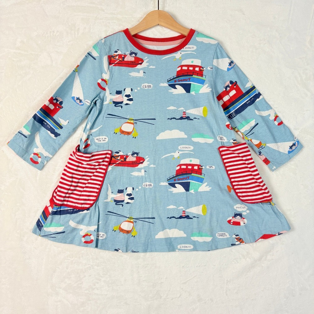 Mini Boden Dress Girls Sz 7-8Y Kids Boat Nautical Cat Dog Print Long Sleeve